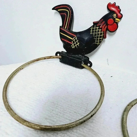 vintage rooster hen chicken round vintage towel bar iron - Picture 6 of 11